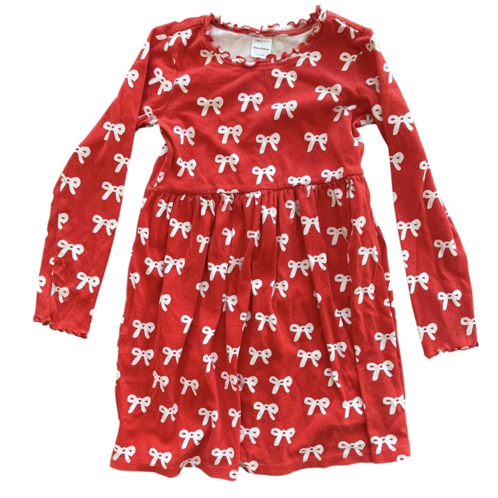 Hanna Andersson Red Long Sleeve Cotton Dress Bows Valentine Girls Size 140 US 10